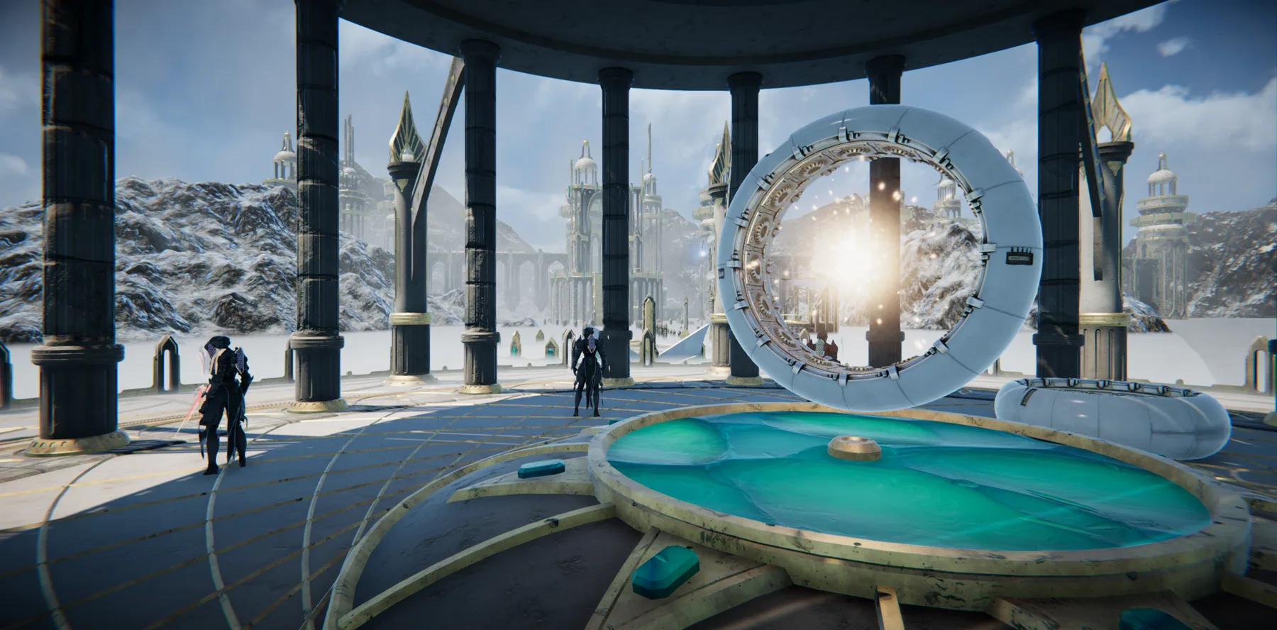 Slender Aedivir figures stand within a bright white-and-gold mountain city.