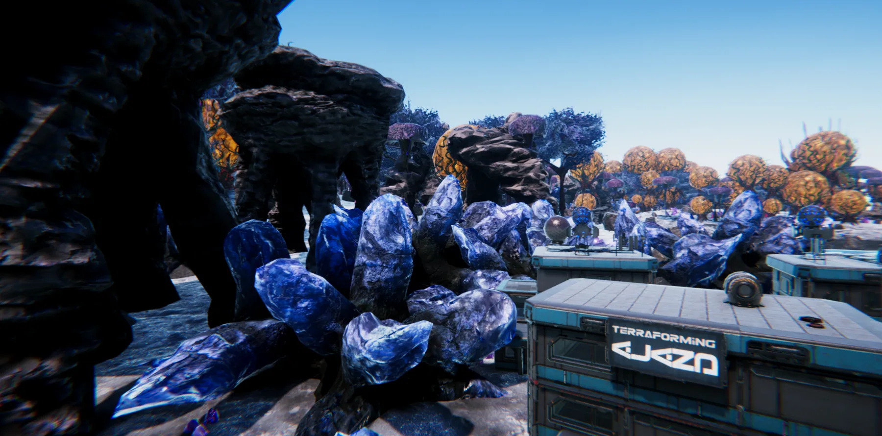 Blue crystal formations surround a terraforming outpost on an alien planet.