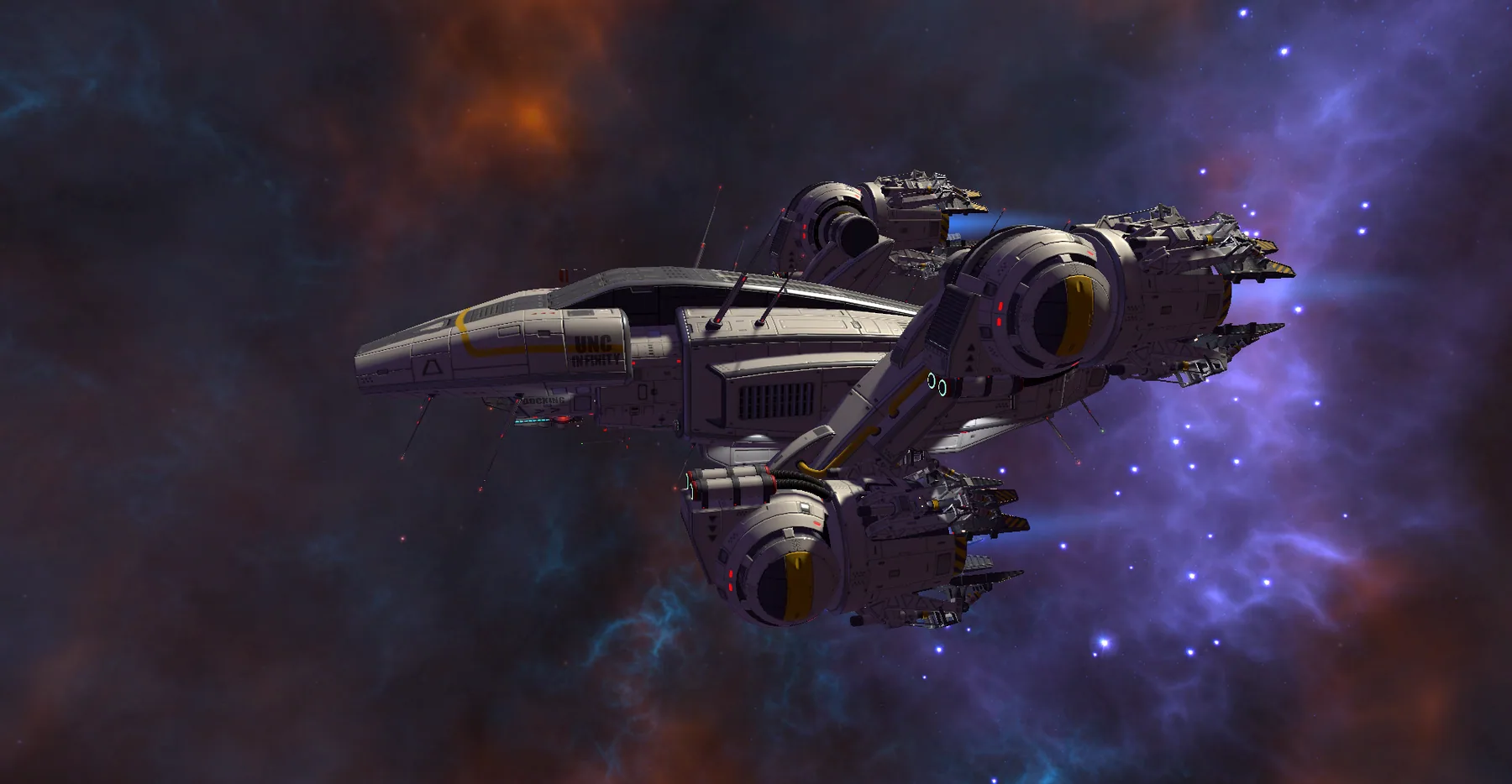 The ISF Clumsy Automation spacecraft cruises against a colorful nebula.