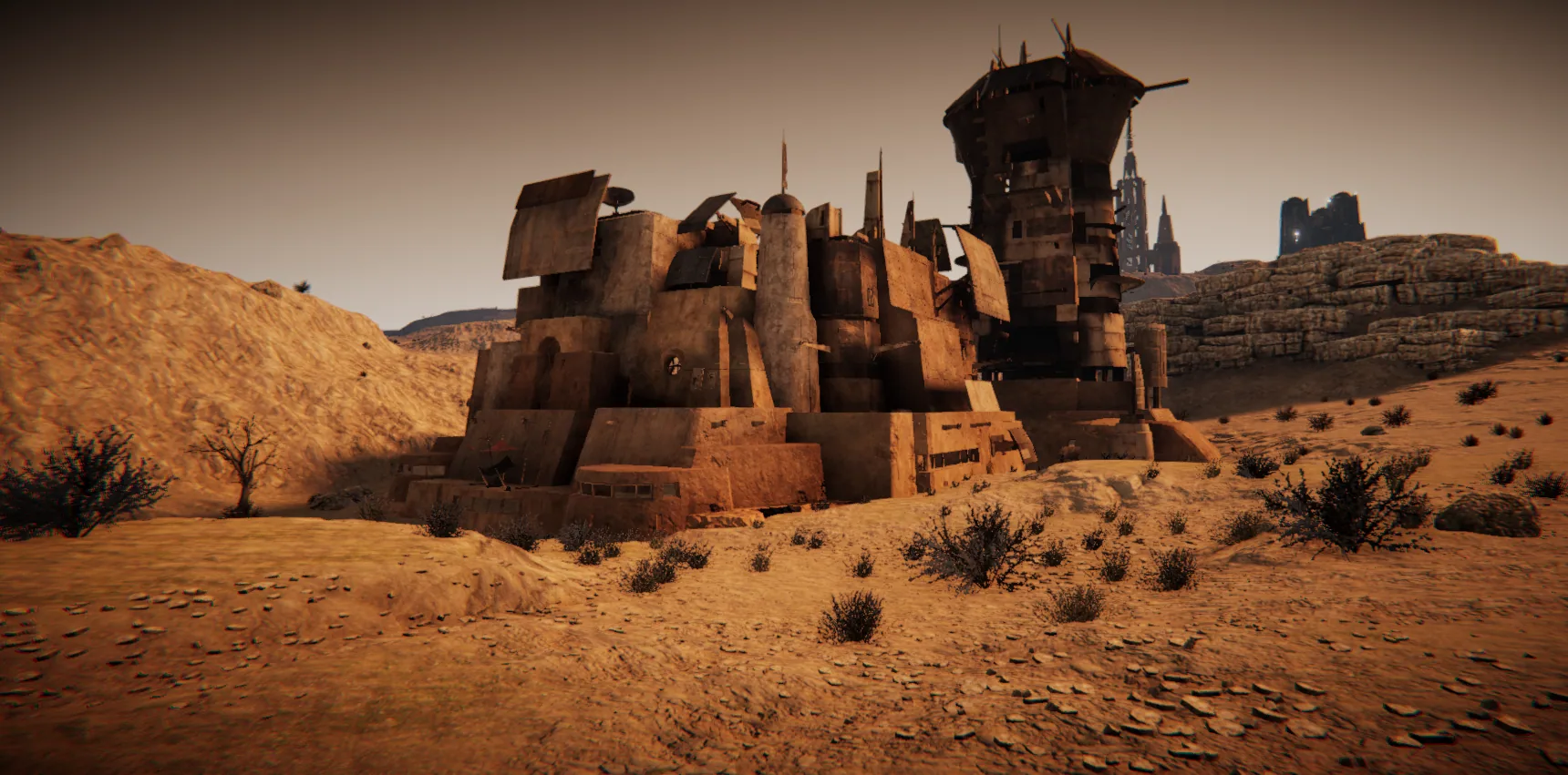 A weathered derelict outpost rising from an arid occupied landscape.