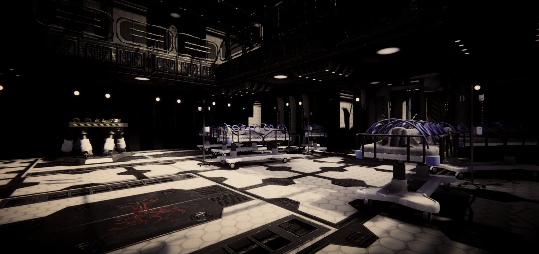 A dark medical ward inside a hidden futuristic compound.