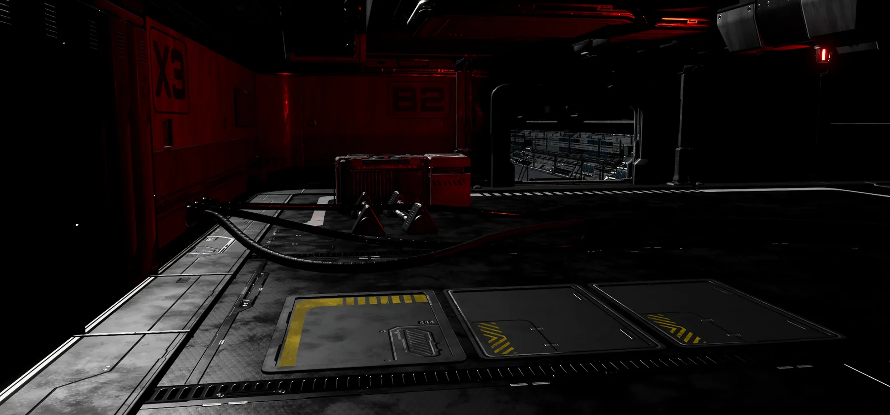 A dark, red-lit corridor inside the ZOA Protocol laboratory.