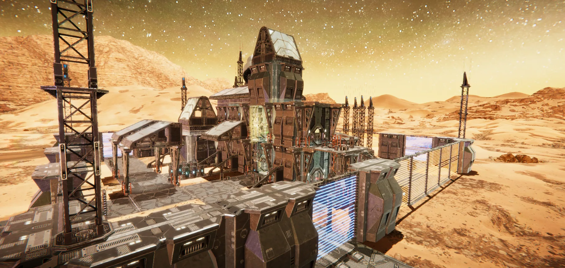 A fortified science-fiction base stands in a bright Martian desert.