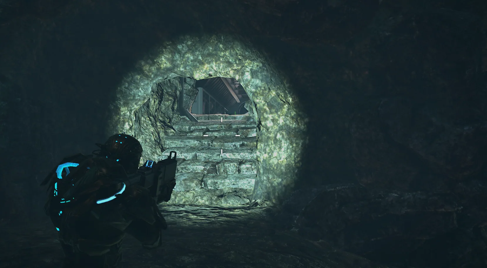 Subject ZOA398 advances through a cavern entrance beneath Mars.