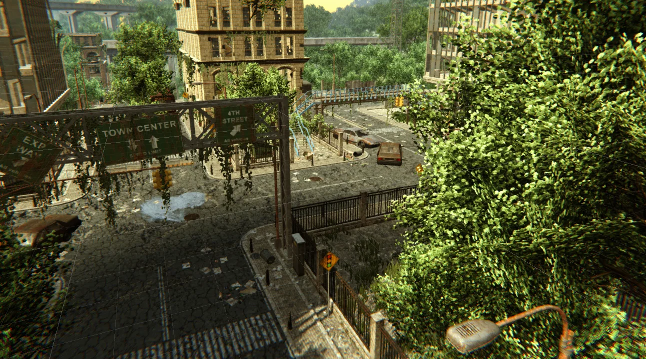 A deserted city intersection overgrown with vegetation after a societal collapse.