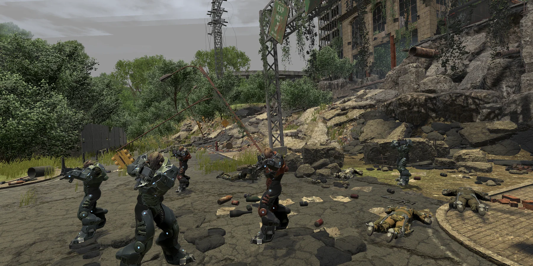A large formation of armored Vulkil occupation soldiers advances through a ruined city.