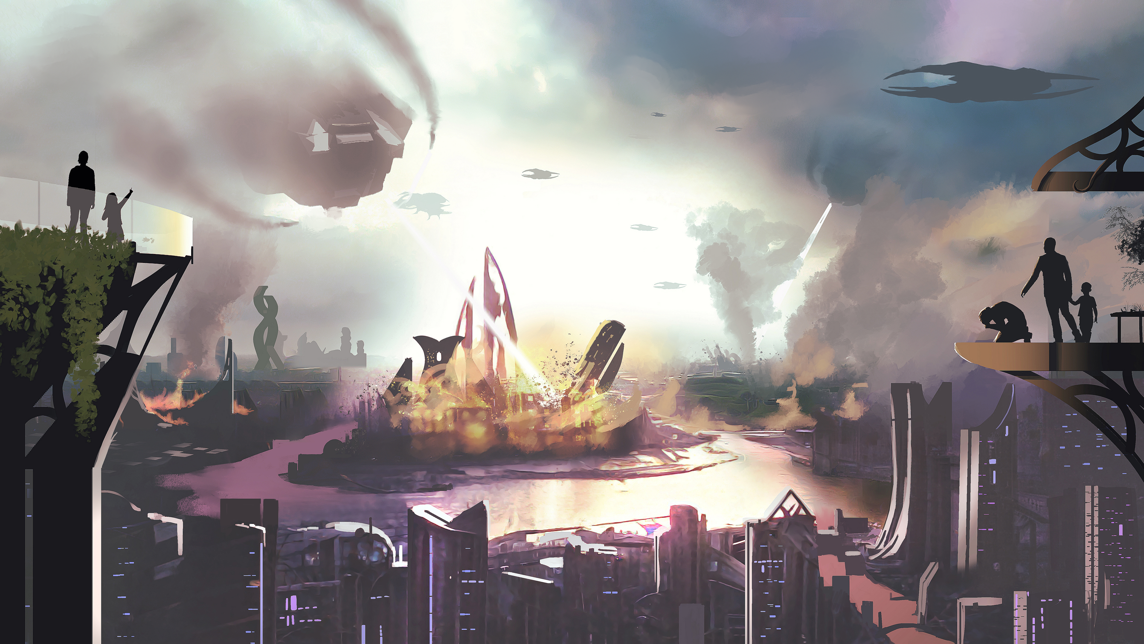 Concept art of alien craft descending over a futuristic city as residents look on.