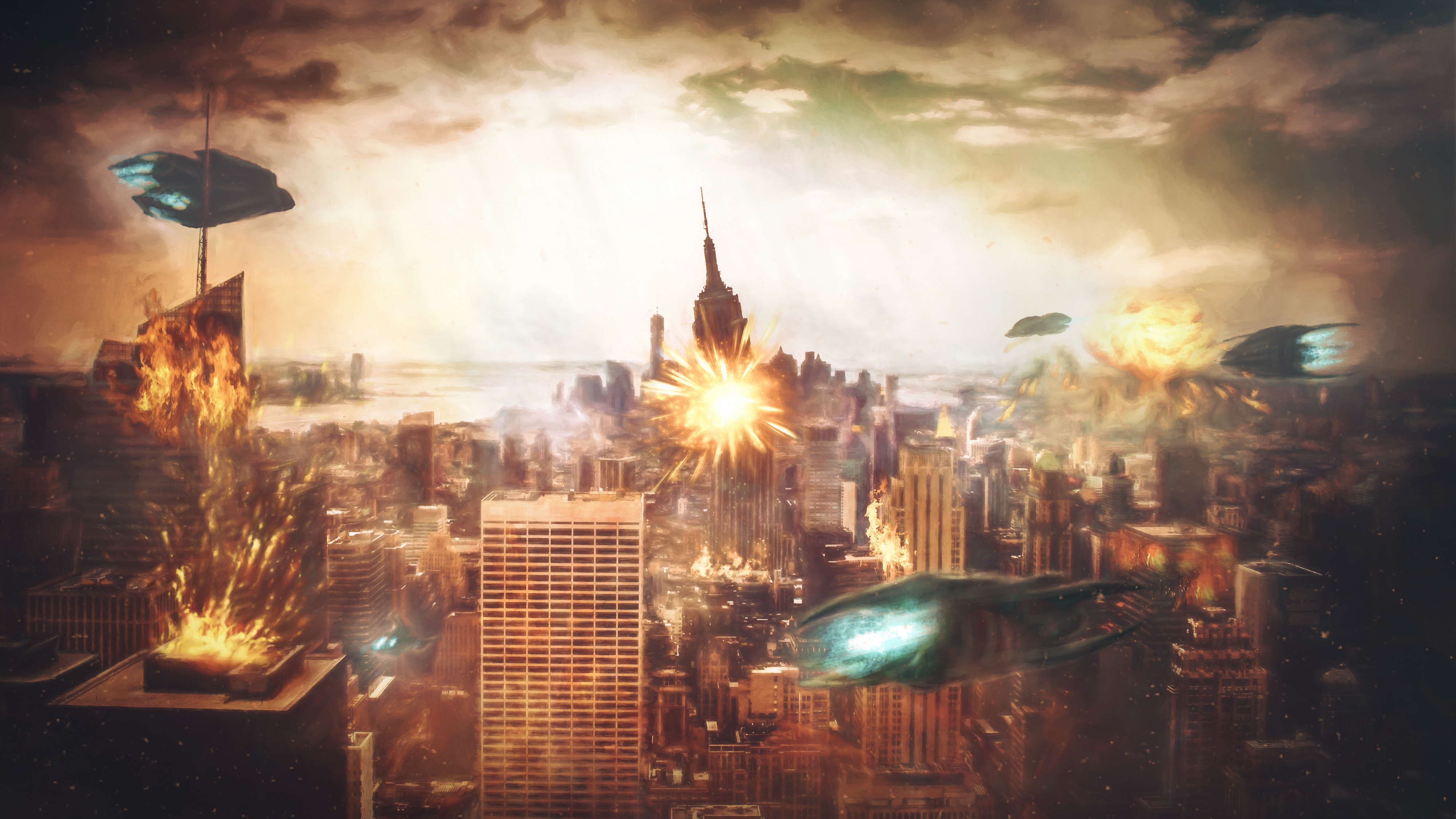 Vulkil warships attack a burning city on Earth.