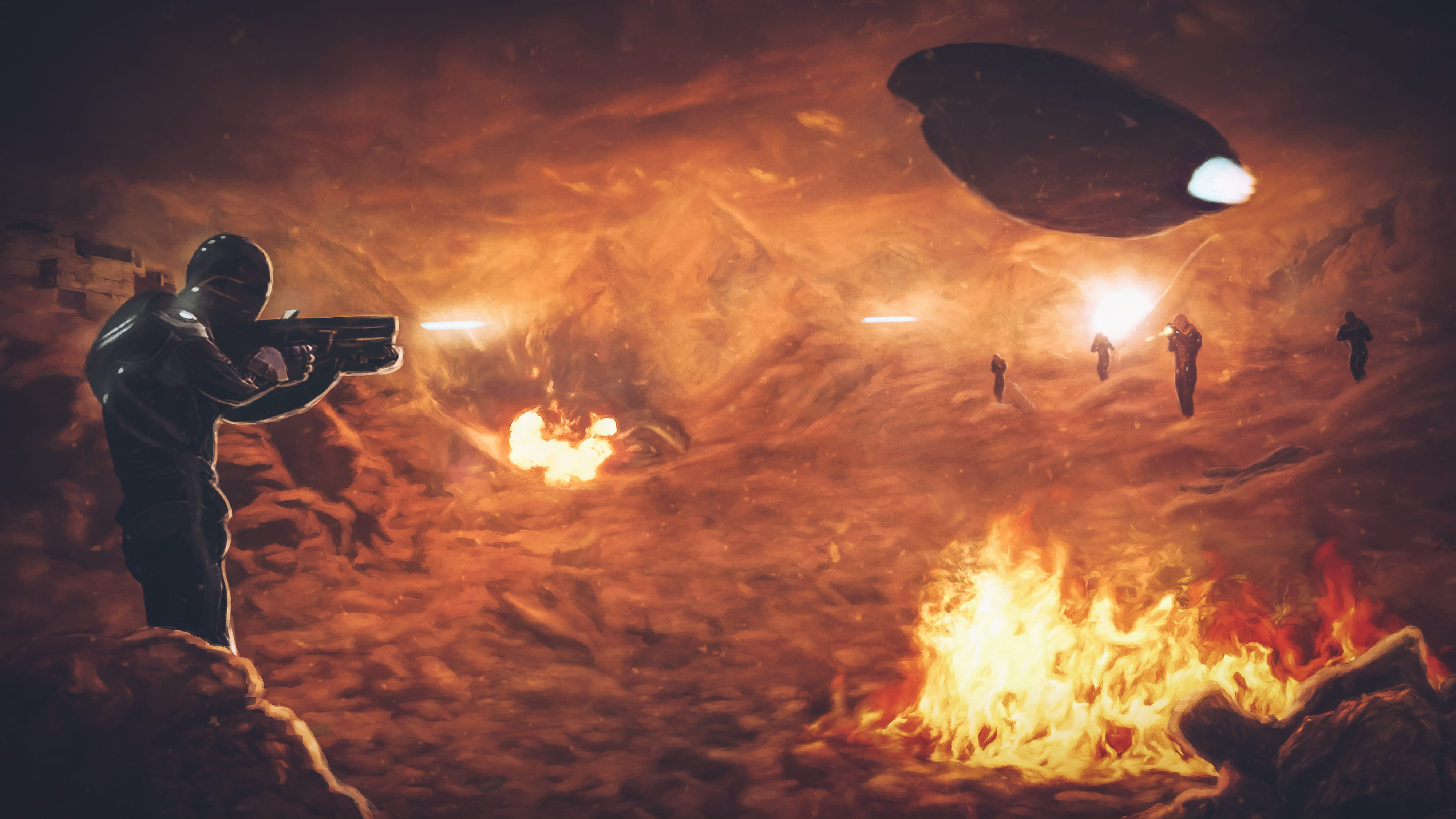 Concept art of an armored fighter battling alien soldiers in a burning cavern.