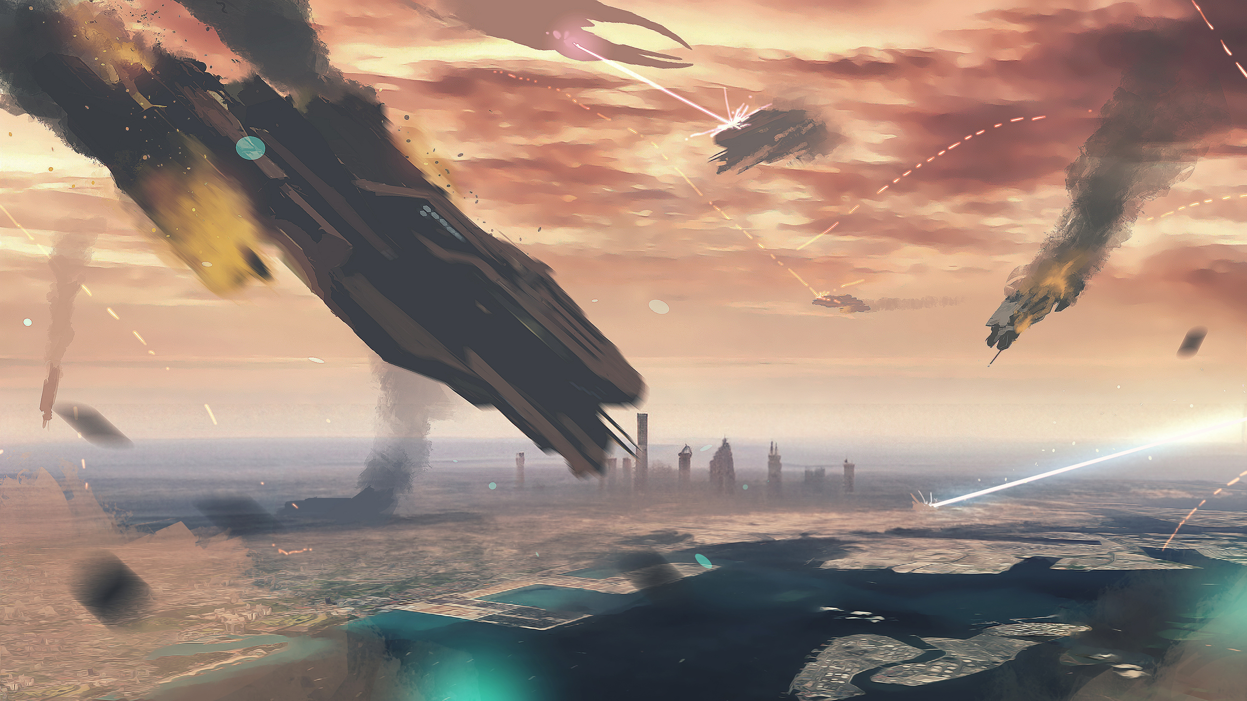 Concept art of spacecraft exchanging fire above a sprawling world.