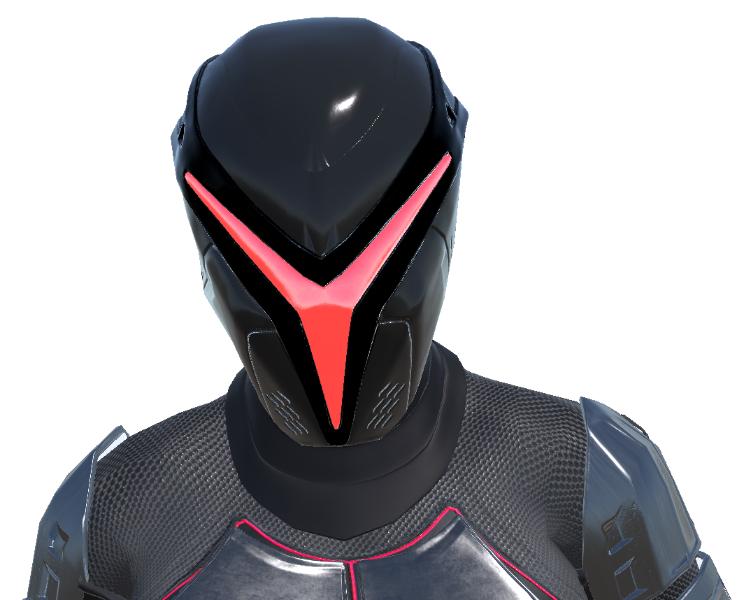 Subject ZOA398 in black tactical armor with an illuminated red visor.