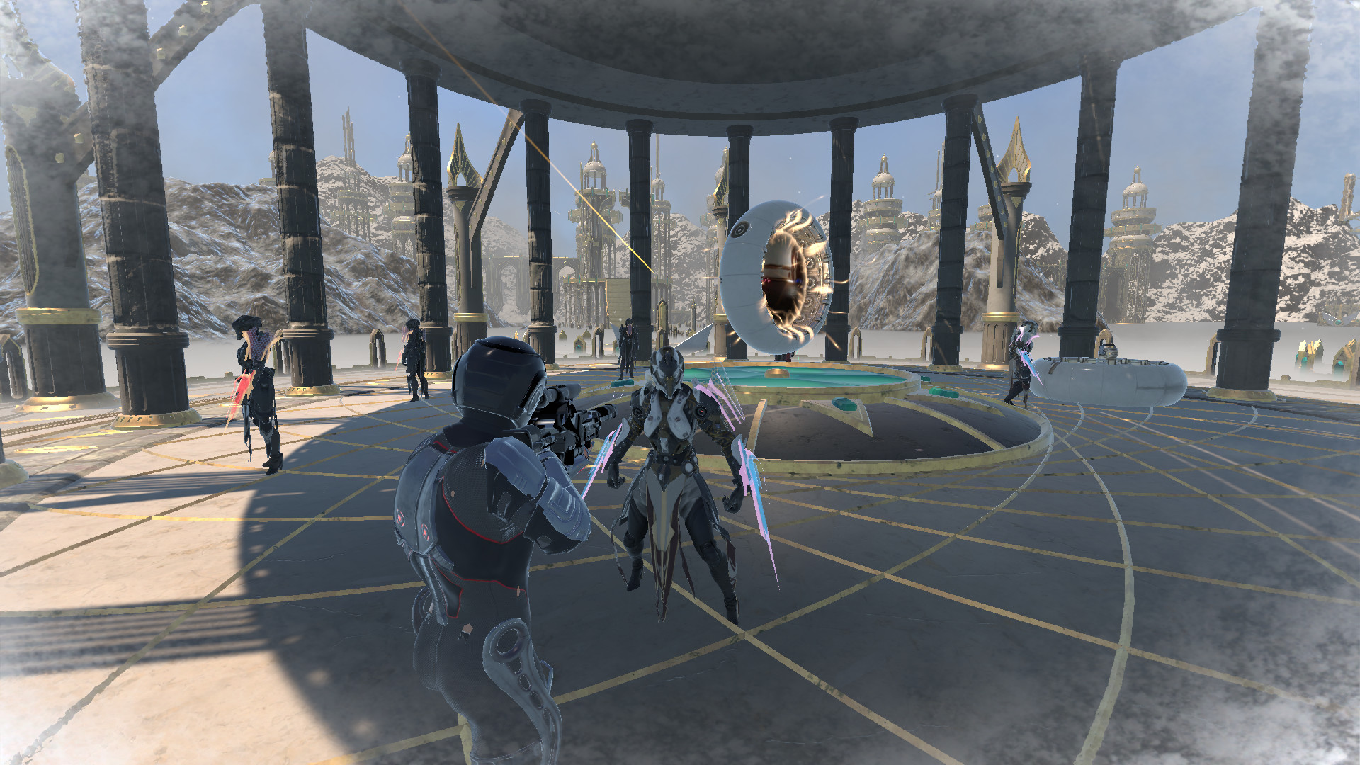 Subject ZOA398 aims at an armed alien in an ornate, snow-covered city.