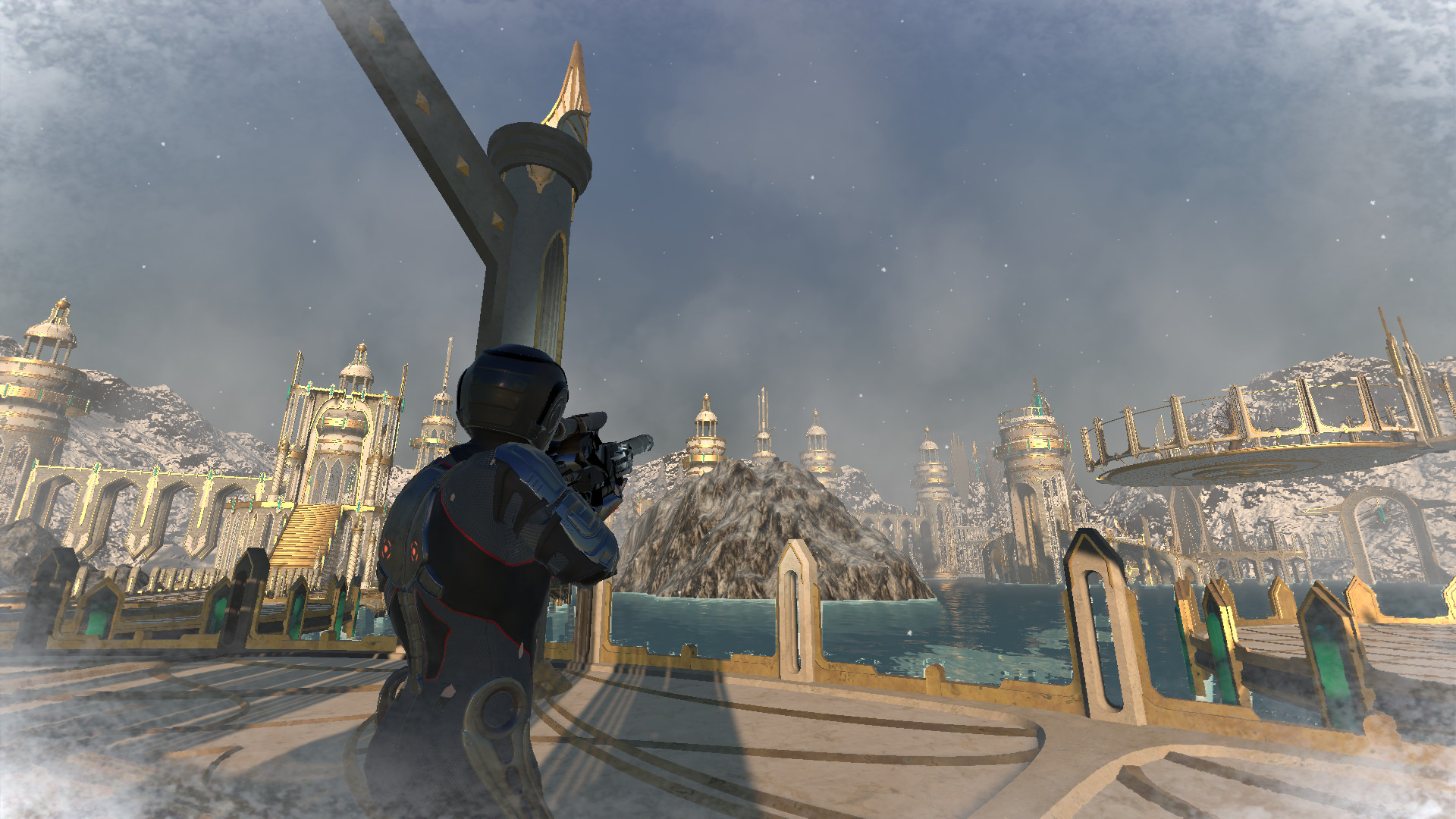 An armored figure overlooks a sprawling gold-and-stone city beneath a stormy sky.