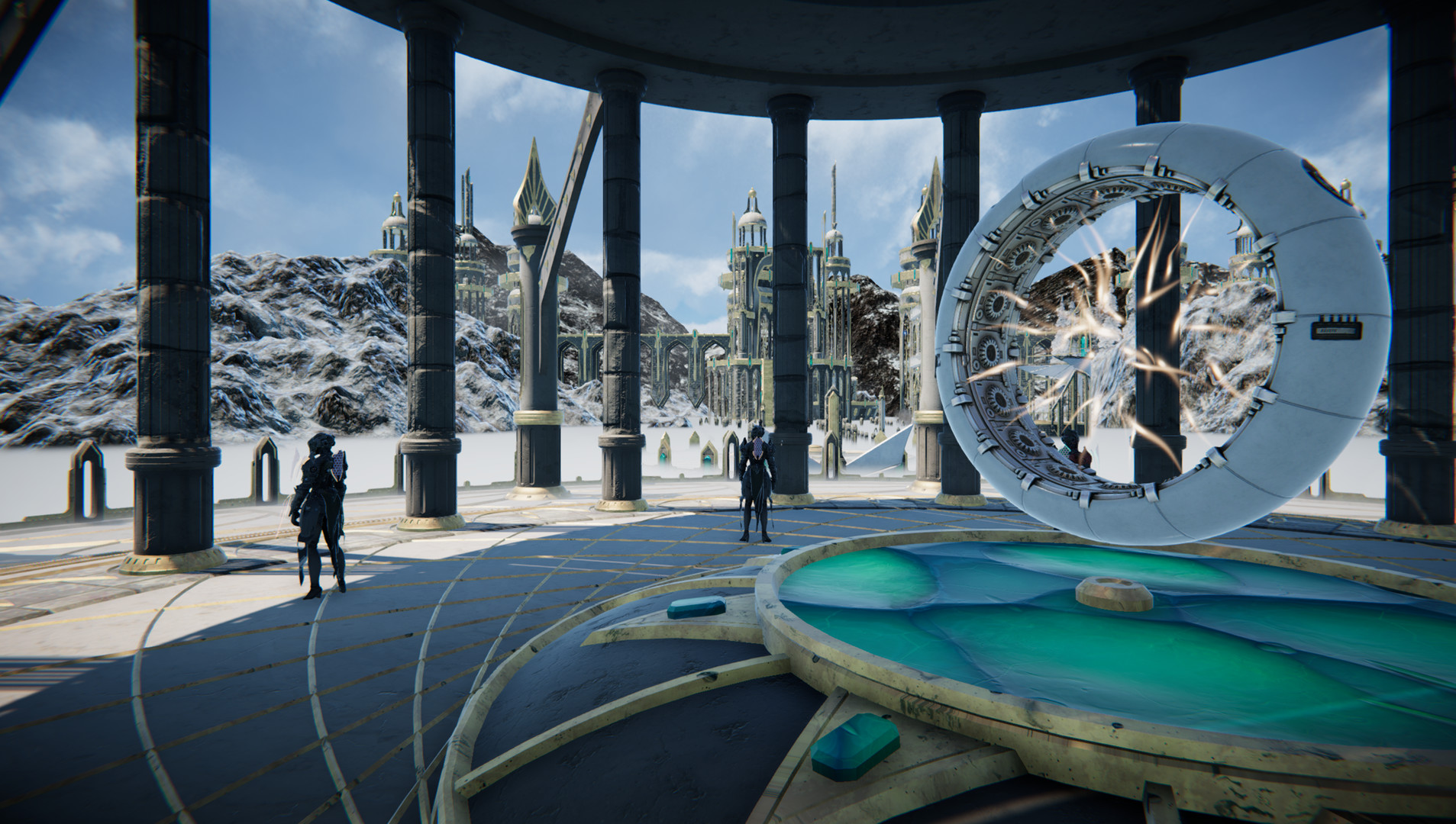 Two figures stand beside a large circular machine in an open alien structure.