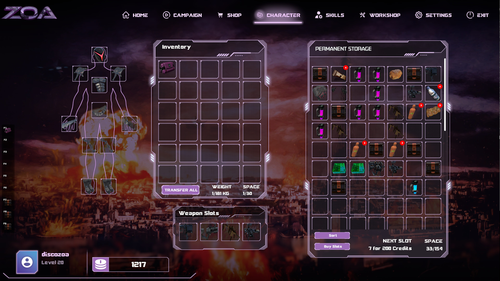 The ZOA Protocol inventory screen showing equipped armor, weapons, and stored items.