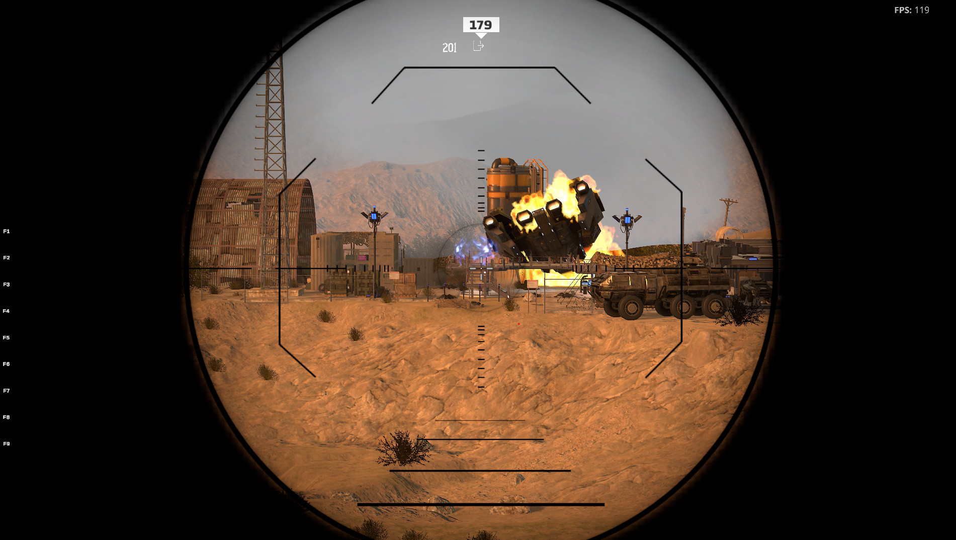 A scoped view targets an armored vehicle at a dusty military installation.