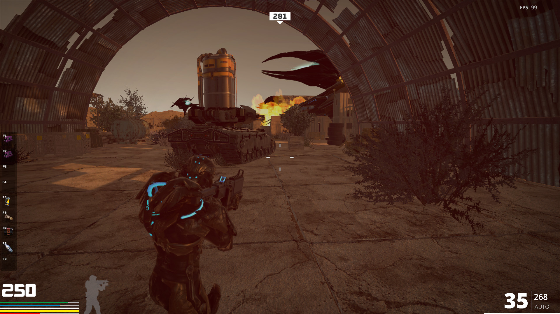 Subject ZOA398 advances toward a vehicle inside an open aircraft hangar.
