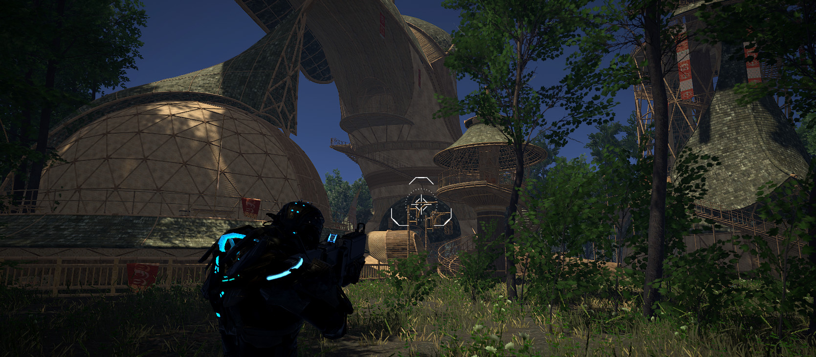 An armored character approaches geodesic domes and towers in a forest installation.